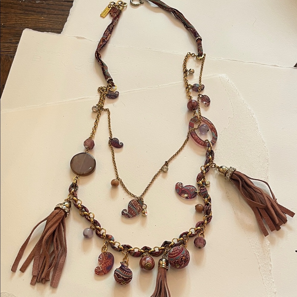 ETRO VINTAGE Purple and Gold Tassel Necklace TWO STRAND, silk wrapped beads